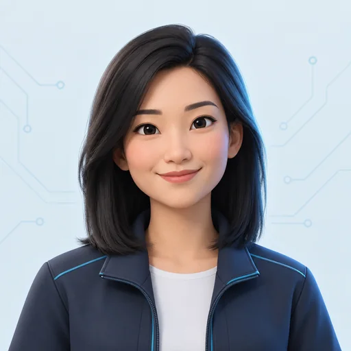 Technology-themed cartoon avatar of a young Asian woman representing Cindy
