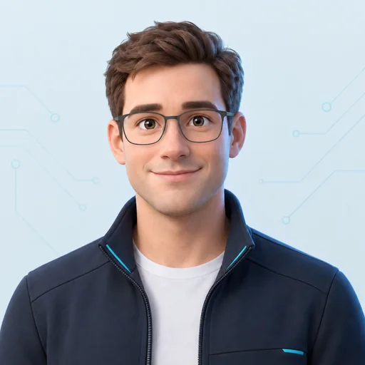Technology-themed cartoon avatar of a young white man with glasses representing Joseph