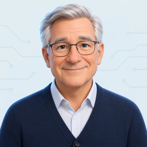 Technology-themed cartoon avatar of an older white man representing Philip